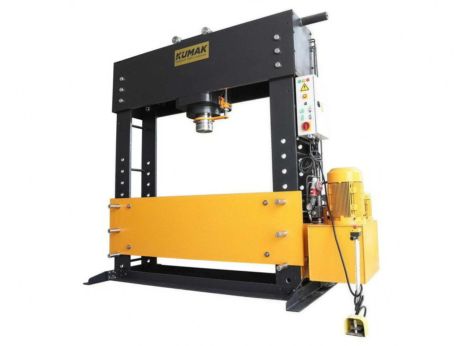 Prasa hydrauliczna warsztatowa Kumak 200 ton, rama typu H z żółtym stołem roboczym